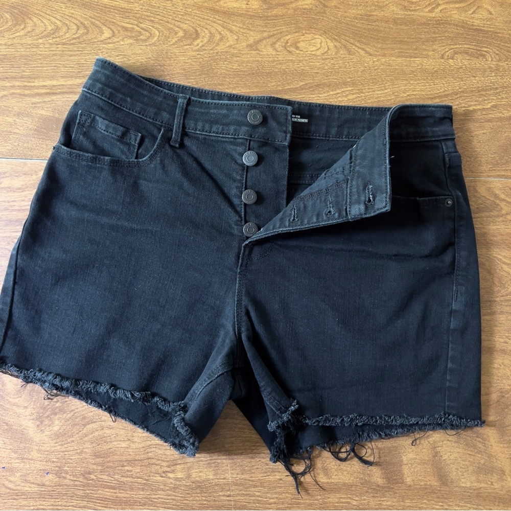 Old Navy Women’s dark wash Black Button fly Hi Rise denim Jean Shorts size 12